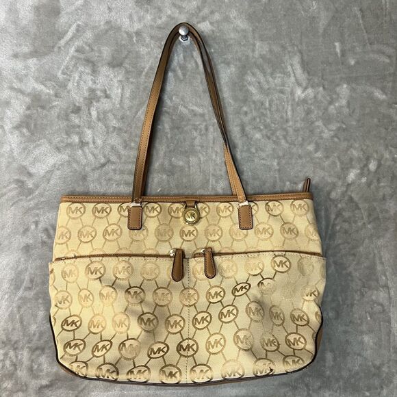Michael Kors Handbags - Michael Kors Kempton Signature Beige and Brown Monogram Medium Pocket Tote